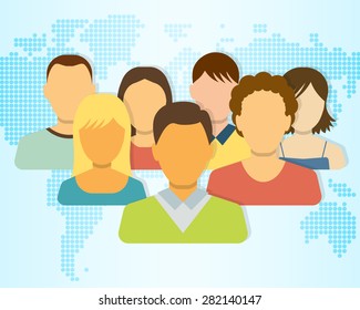 Set of People Icons with Earth Map on Background. Flat Style Modern Design. Vector Illustration