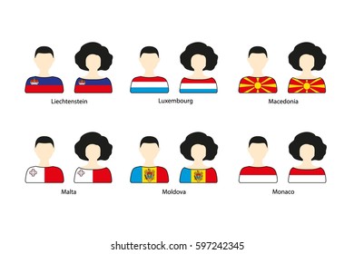Set of people icons and European flags on a white background. Flat vector icons 
of flags of Liechtenstein, Luxembourg, Macedonia, Malta, Moldova, Monaco