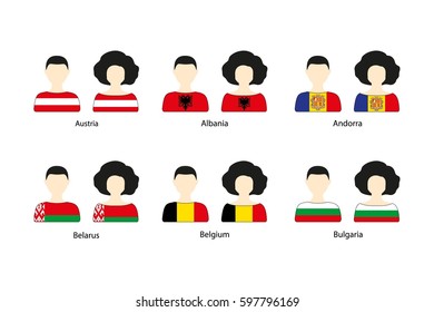 Set of people icons and European flags on a white background. Flat vector icons of flags of Austria, Belarus, Albania, Andorra, Belgium, Bulgaria