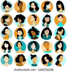 Set of people icons. Faces of different women, oasis races. Flat style modern design. Vector illustration