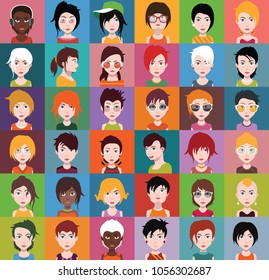 Set of people icons with faces and Hair Style 