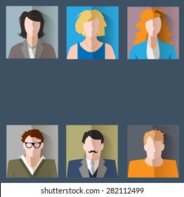 Set of people icons with faces. Vector women, men character