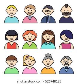 Set of people icons with faces. Vector women and men character