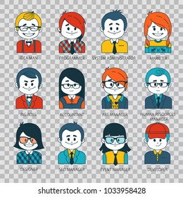Set of people icons in flat style with faces. Vector women, men character Collection of professions in IT company. People avatars. Illustration on transparent background