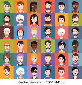 Set of people icons in flat style with faces. Vector women, men with color background 5