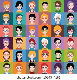 Set of people icons in flat style with faces. Vector women, men with color background 4