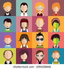 Set of people icons in flat style with faces. 