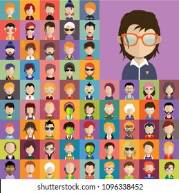 Set of people icons in flat style with faces. Vector women, men character