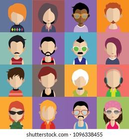 Set of people icons in flat style with faces. 