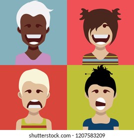 Set of people icons in flat style with faces. Vector women, men character