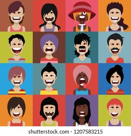 Set of people icons in flat style with faces. Vector women, men character