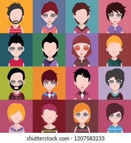 Set of people icons in flat style with faces. Vector women, men character