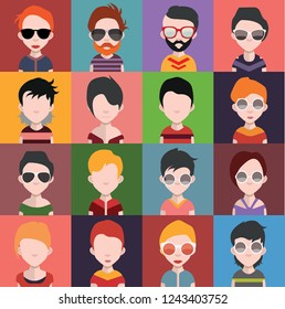 Set of people icons in flat style with faces. Vector women, men with color background