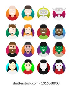 Set of people icons in flat style with faces. Vector women, men character
