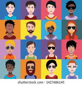 Set of people icons in flat style with faces. Vector women, men with color background
