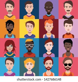 Set of people icons in flat style with faces. Vector women, men with color background

