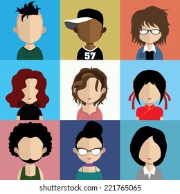 Set of people icons in flat style with faces. Vector women, men  character