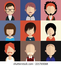 Set of people icons in flat style with faces. Vector women, men  character