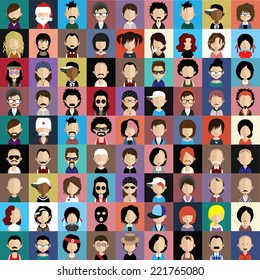 Set of people icons in flat style with faces. Vector women, men  character