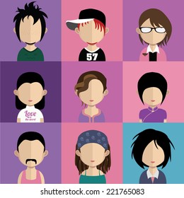 Set of people icons in flat style with faces. Vector women, men  character