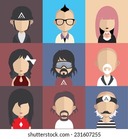 Set of people icons in flat style with faces. Vector women, men character