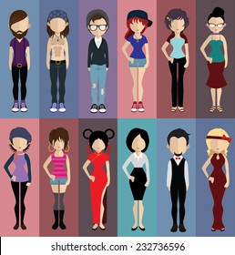 Set of people icons in flat style. Vector women, men character