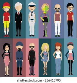 Set of people icons in flat style. Vector women, men character