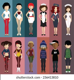 Set of people icons in flat style. Vector women, men character