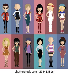Set of people icons in flat style. Vector women, men character