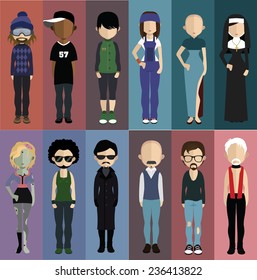 Set of people icons in flat style. Vector women, men character