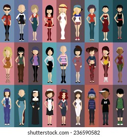 Set of people icons in flat style. Vector women, men character