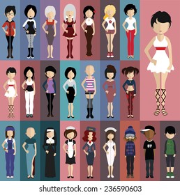 Set of people icons in flat style. Vector women, men character