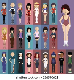 Set of people icons in flat style. Vector women, men character