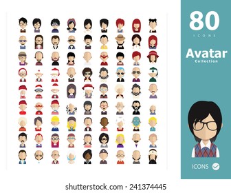 Set of people icons in flat style with faces. Vector women, men character