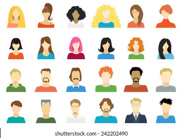 Set of people icons in flat style. Various men and women portraits isolated on white background.