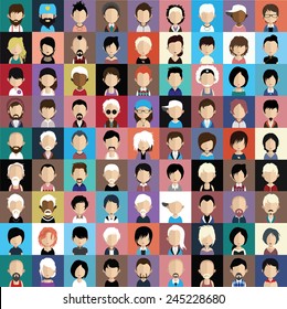 Set of people icons in flat style with faces. Vector women, men character