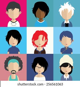 Set of people icons in flat style with faces. Vector women, men character