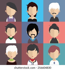 Set of people icons in flat style with faces. Vector women, men character