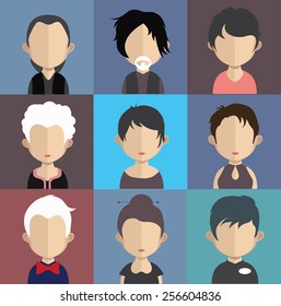 Set of people icons in flat style with faces. Vector women, men character