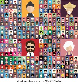 Set of people icons in flat style with faces. Vector women, men character