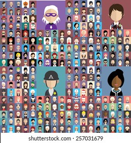 Set of people icons in flat style with faces. Vector women, men character