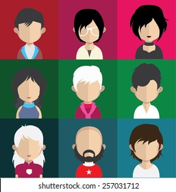 Set of people icons in flat style with faces. Vector women, men character