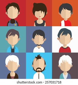 Set of people icons in flat style with faces. Vector women, men character