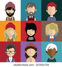 Set of people icons in flat style with faces. Vector women, men character