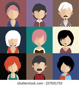 Set of people icons in flat style with faces. Vector women, men character