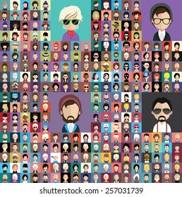 Set of people icons in flat style with faces. Vector women, men character