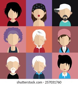 Set of people icons in flat style with faces. Vector women, men character