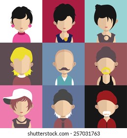 Set of people icons in flat style with faces. Vector women, men character