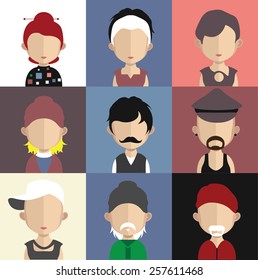 Set of people icons in flat style with faces. Vector women, men character