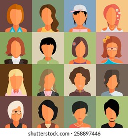 Set of people icons in flat style with faces. Vector women and girl character